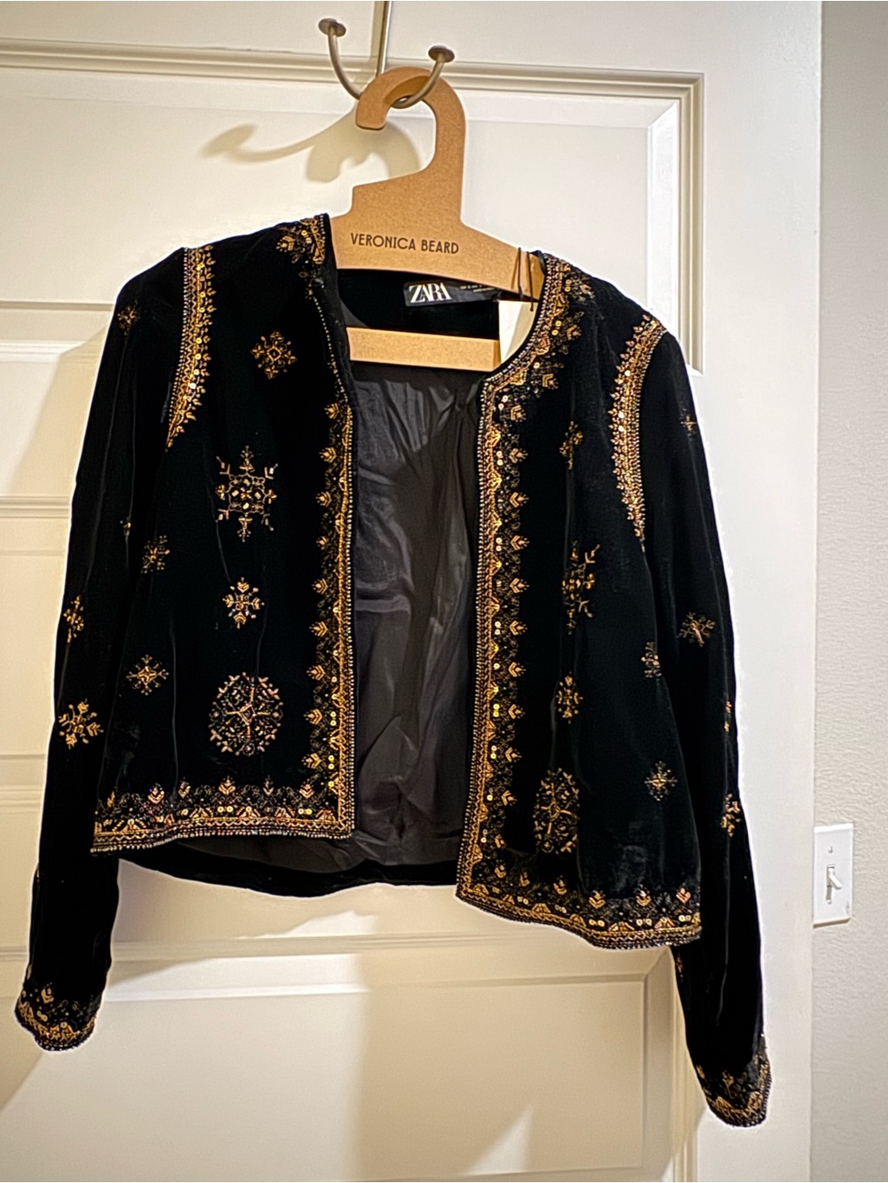 Zara Black Velvet Blazer with Gold Embroidery